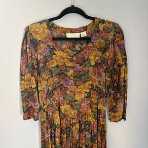 Vintage 80s 90s Multicolor Floral Dress / Watercolor Poppies / Boho Cottagecore